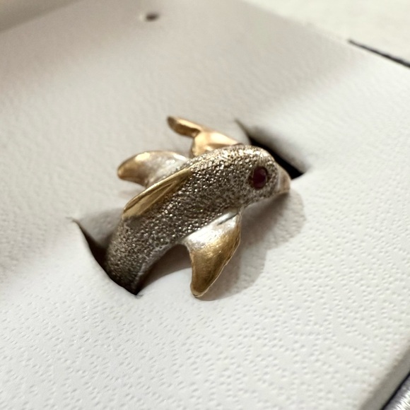 Vintage 14k Yellow Gold Dolphin Ring with Lab Created Ruby Eyes